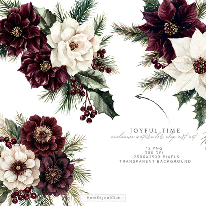Joyful Time - Winter Floral Arrangement, Cozy Christmas Clipart Bundle | 12 PNG