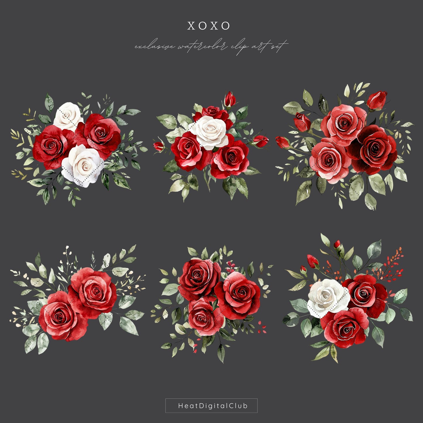XOXO - Valentines Day Floral Arrangements Clipart, Red Roses | 12 PNG