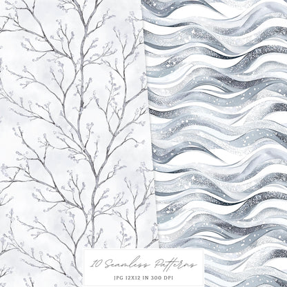 Silver Ice - Seamless Patterns, Cozy Winter, Snowflakes | 10 JPEG