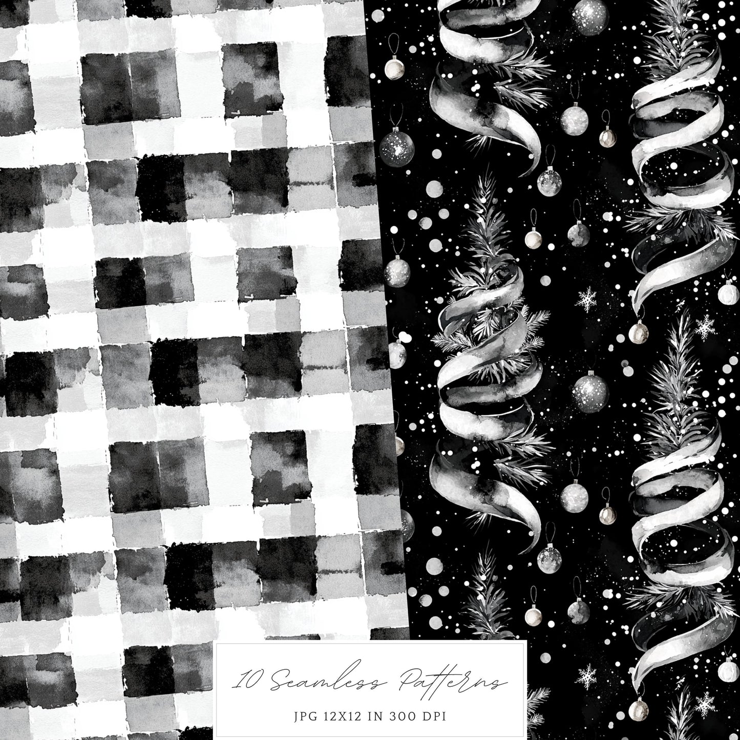 Black and White Holidays - Seamless Patterns, Winter, Snowflakes | 10 JPEG