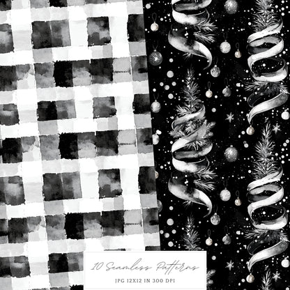 Black and White Holidays - Seamless Patterns, Winter, Snowflakes | 10 JPEG