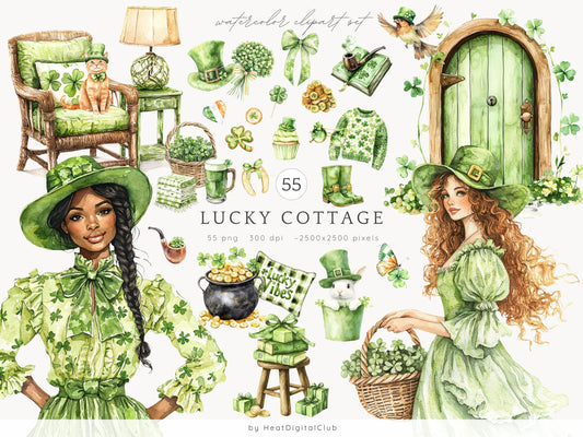Lucky Cottage - St.Patrick’s Day Clipart, Irish, Green Cottagecore | 55 PNG