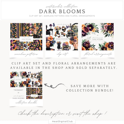 Dark Blooms - Seamless Patterns, Moody Floral, Gothic, Floral | 10 JPEG
