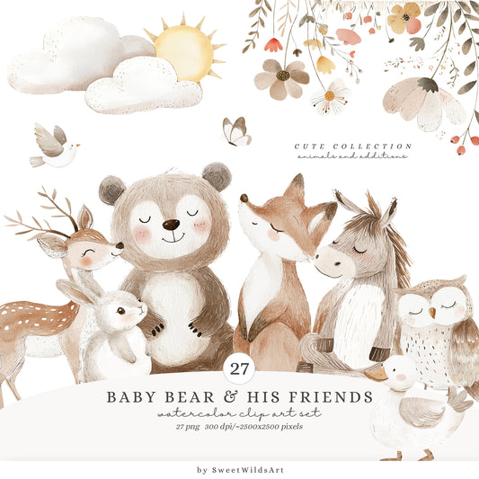 Baby Bear and His Friends - Woodland Animals, Cute Baby Bear, Nursery | 27 PNG