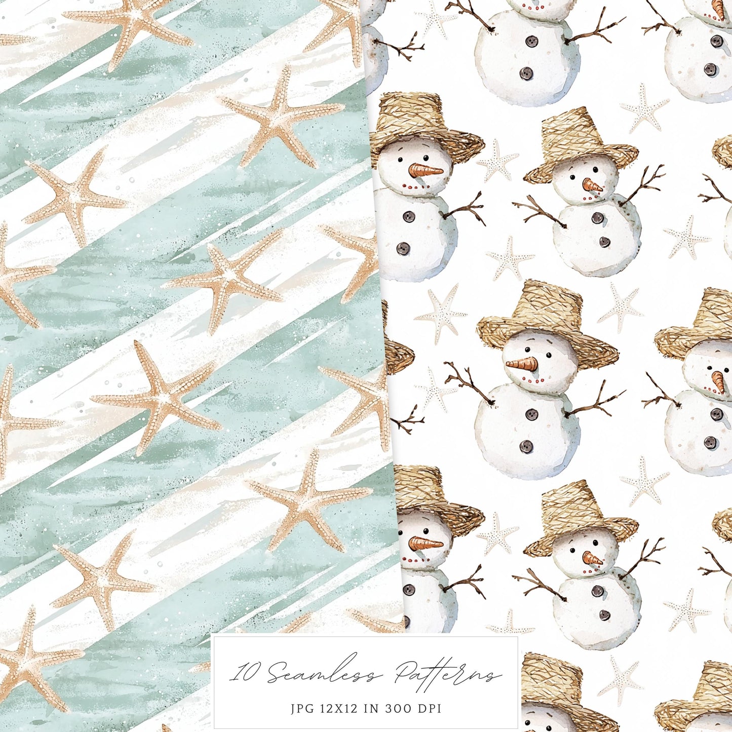 Coastal Holidays - Seamless Patterns, Ocean, Christmas | 10 JPEG