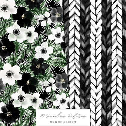 Black and White Holidays - Seamless Patterns, Winter, Snowflakes | 10 JPEG