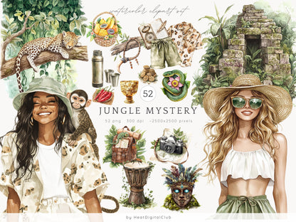 Jungle Mystery -  Collection Bundle, Travel Clipart, Planner, Tropical | 74 PNG/JPEG