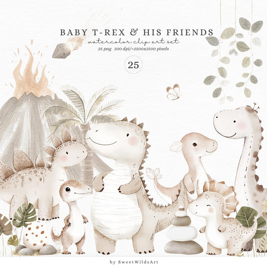 Baby T-Rex and his Friends - Cute Dinosaur Clipart,  Dino Birthday,  Nursery Art | 25 PNG