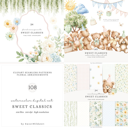 Sweet Classics - Teddy Bear Clipart Bundle, Pastel Birthday Toys, Cute Baby Animals, Nursery | 108 PNG/JPEG