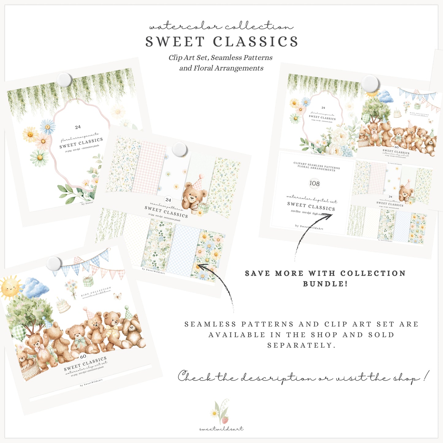 Sweet Classics - Floral Arrangements Clipart, Pastel Flowers, Nursery, Elegant Baby,Soft Garden | 24 PNG